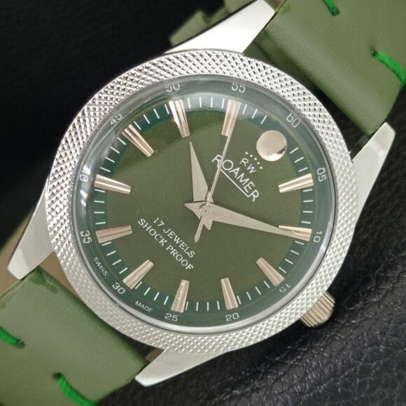 Fortis Other - Vintage 1970 Roamer Manual Mens Silver Watch W/Leather Strap & Green accents